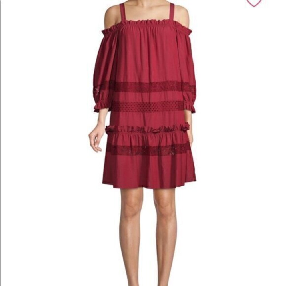 BCBG Maxazria Cold Shoulder Lace Ruffle Mini Red Dress Size S NWT
